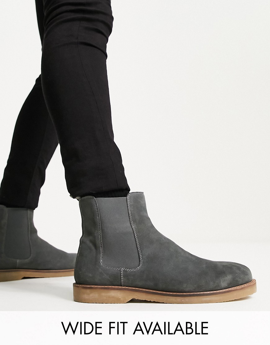 Asos Design Chelsea Boots In Gray Suede With Contrast Sole