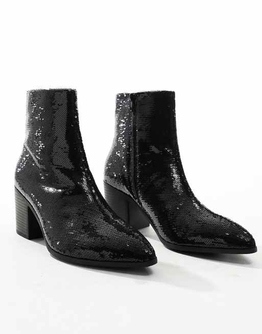 ASOS Design Chelsea Boots in Schwarz mit All over Pailletten Verzierung und kubanischem Absatz ASOS