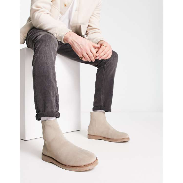 ASOS DESIGN chelsea boots in stone suede with zip detail and faux crepe sole