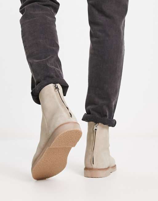 ASOS DESIGN chelsea boots in stone suede with zip detail and faux