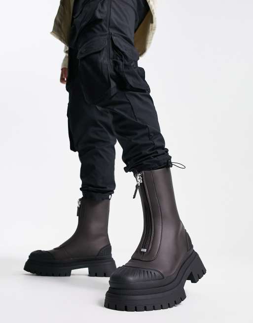 ASOS DESIGN - Chelsea boots van bruin imitatieleer met rits aan de voorkant en dikke zwarte zool