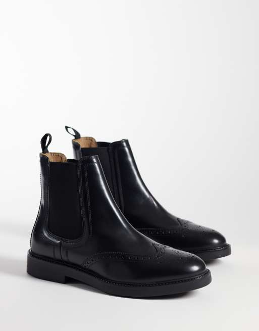 ASOS DESIGN chelsea boots with brogue detailing in black leather, 2 of 4