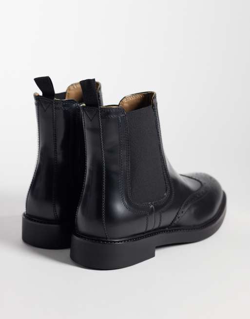 ASOS DESIGN chelsea boots with brogue detailing in black leather, 3 of 4