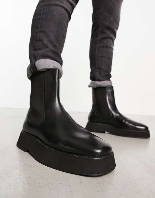 Asos design chelsea boots in black leather with cheap chunky sole