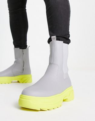 ASOS DESIGN chelsea calf boot in grey faux leather with contrast yellow chunky sole