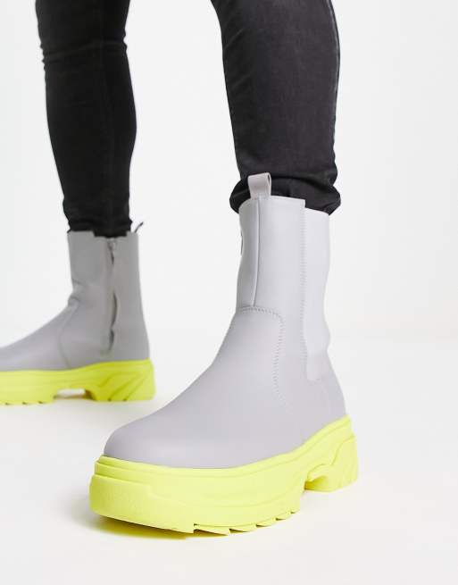 ASOS DESIGN chelsea calf boots in grey faux leather with contrast yellow chunky sole