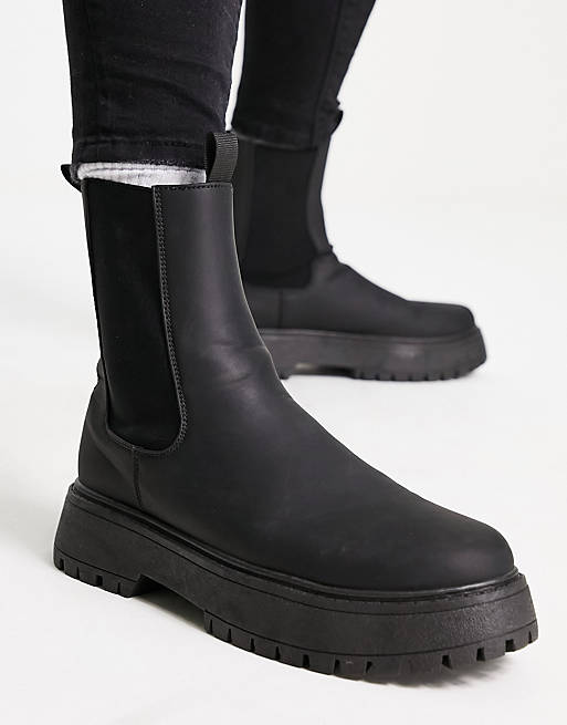 ASOS DESIGN chelsea calf boots with chunky sole in black faux leather ...