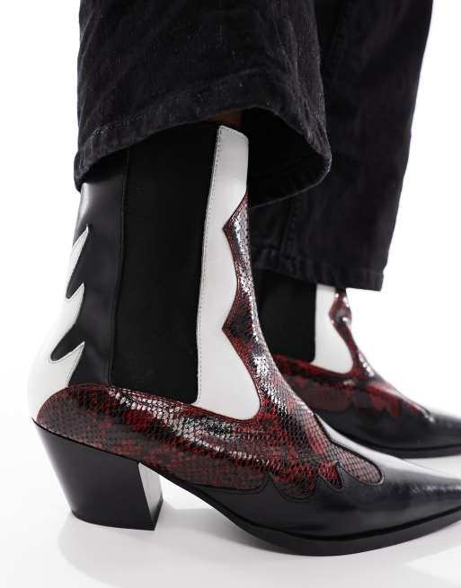 ASOS DESIGN – Chelsea-Cowboystiefel aus schwarzem und rotem Leder mit Absatz, 2 von 4