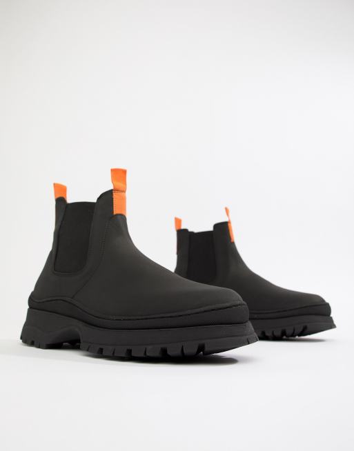 ASOS DESIGN chelsea sneaker boots in black leather with chunky sole