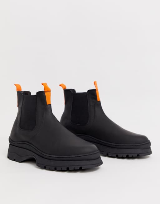 ASOS DESIGN chelsea sneaker boots in black leather with chunky sole | ASOS