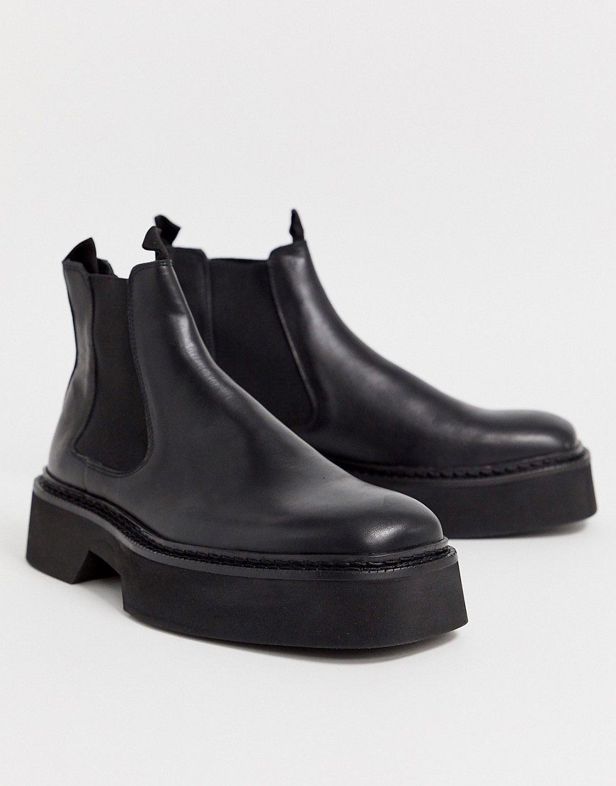 ASOS DESIGN chelsea square toe boots in black high shine leather