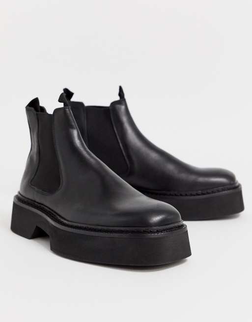 ASOS DESIGN chelsea square toe boots in black high shine leather | ASOS