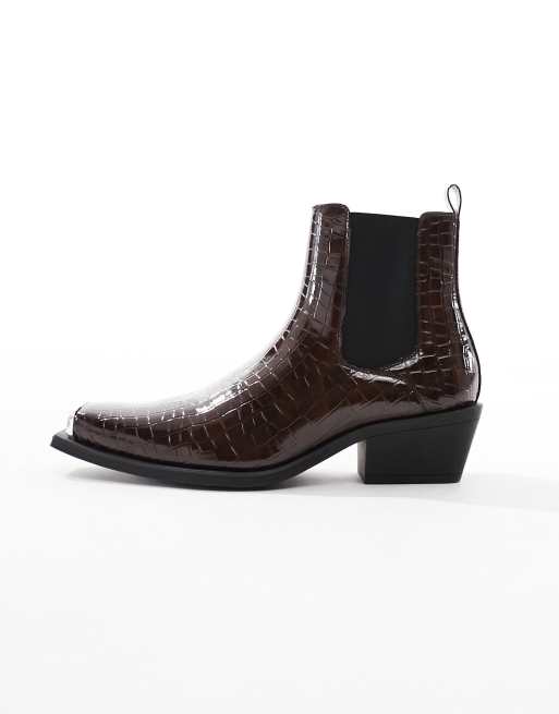 ASOS DESIGN – Chelsea-Stiefel aus Kroko-Kunstleder in Braun mit kubanischem Absatz , 2 von 4