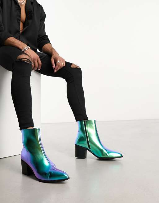ASOS DESIGN Chelsea Stiefel aus Kunstleder in Blau verspiegelt mit Absatz und Lackoptik ASOS