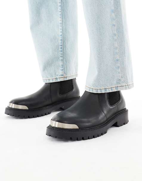 ASOS DESIGN – Chelsea-Stiefel aus schwarzem Leder mit Zehenklappe aus Metall - view 1