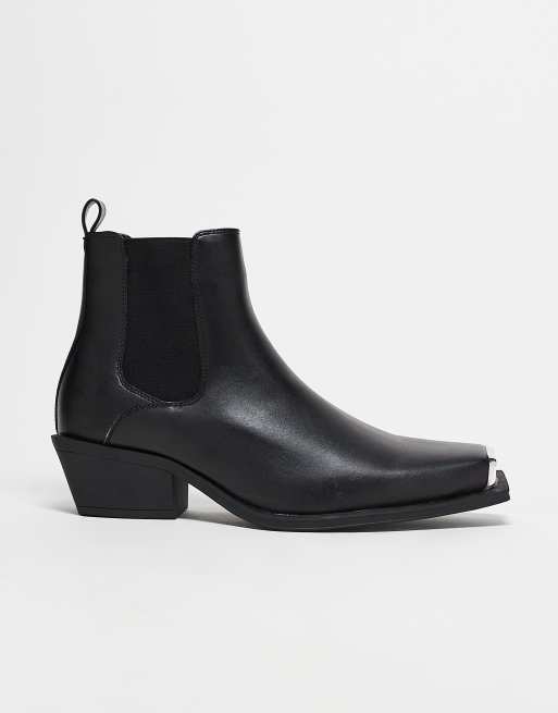 ASOS DESIGN Chelsea Stiefel im Westernstil aus schwarzem Kunstleder mit kubanischem Absatz und silberfarbener Zehenkappe