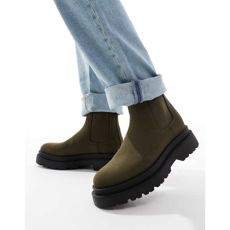 ASOS DESIGN Chelsea Stiefel in Khaki mit hohem Schaft und dicker Sohle