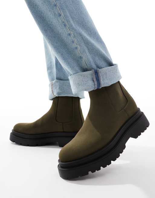 ASOS DESIGN Chelsea Stiefel in Khaki mit hohem Schaft und dicker Sohle ASOS