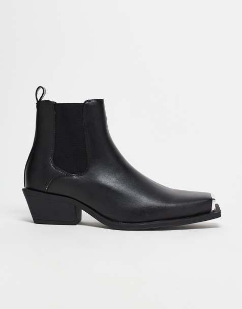 ASOS DESIGN - Chelsea-støvler i western-stil med cubanske hæle og sølvfarvet tåhætte i sort imiteret læder - view 1