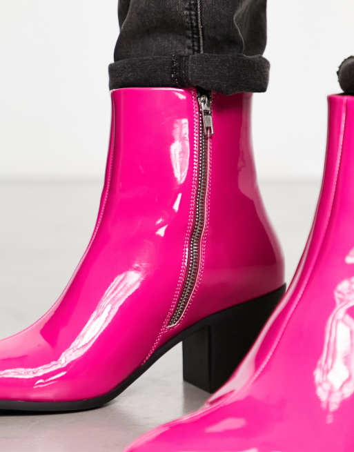 ASOS DESIGN - Chelsea-støvler med hæl i pink imiteret lak-læder, 3 af 4