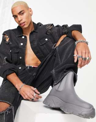 Asos Design Chelsea Boot With Chunky Sole In Charcoal Faux Leather-grey In Gray