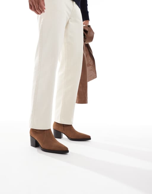 ASOS DESIGN chelsea western boots in tan suede with cuban heels