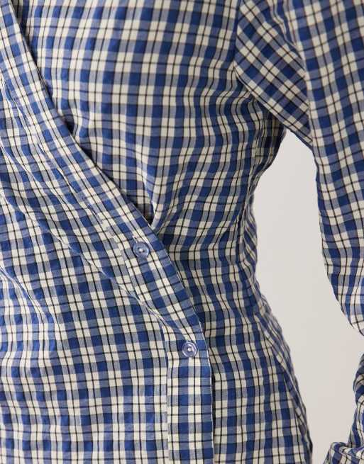 ASOS DESIGN - Chemise à carreaux style cache-cœur à manches cocon - Bleu, 3 de 4