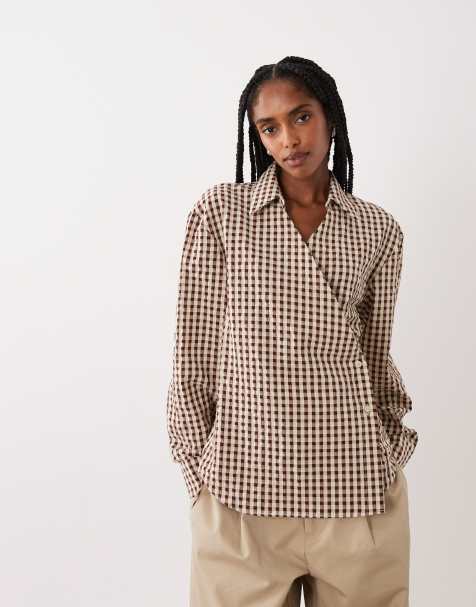 ASOS DESIGN - Chemise à carreaux vichy style cache-cœur à manches cocon - Marron - view 1
