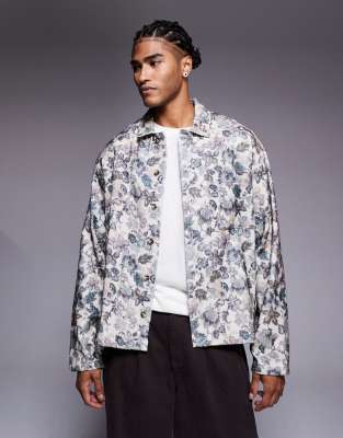 ASOS DESIGN - Chemise à fleurs oversize coupe carrée en flanelle - Crème-Blanc