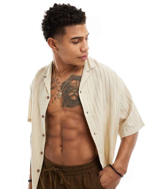 ASOS DESIGN - Chemise à manches courtes oversize avec col à revers et lignes texturées - Taupe