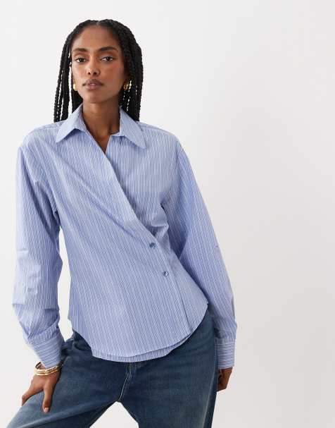 ASOS DESIGN - Chemise à rayures style cache-cœur avec manches cocon - Bleu - view 1