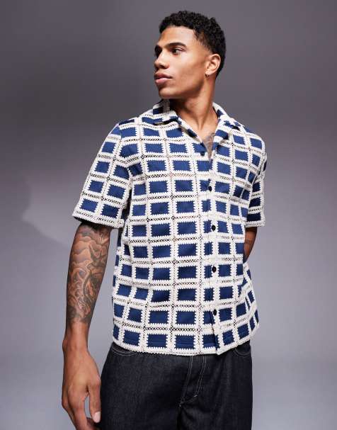ASOS DESIGN - Chemise à revers coupe carrée en maille au crochet - Bleu marine - view 1