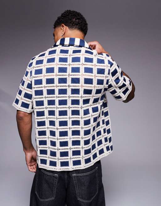 ASOS DESIGN - Chemise à revers coupe carrée en maille au crochet - Bleu marine, 4 de 4