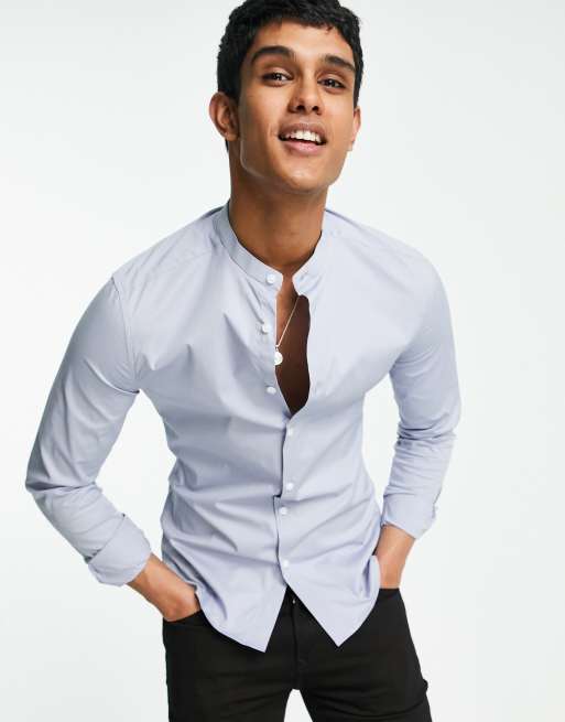 ASOS DESIGN - Chemise ajustée à col grand-père - Bleu barbeau