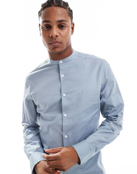 ASOS DESIGN - Chemise ajustée à col grand-père - Bleu cendré - view 1
