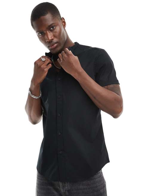 ASOS DESIGN - Chemise ajustée à col grand-père et manches retroussées - Noir