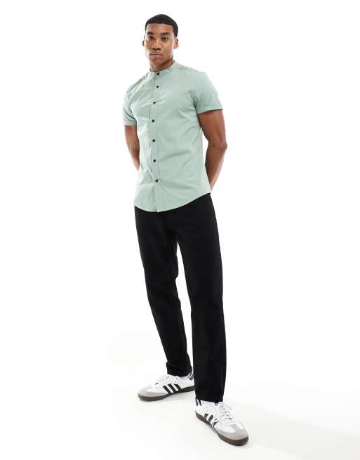 ASOS DESIGN - Chemise ajustée à col grand-père et manches retroussées - Vert sauge, 3 de 4