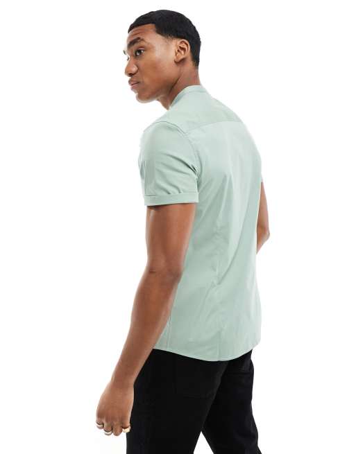 ASOS DESIGN - Chemise ajustée à col grand-père et manches retroussées - Vert sauge, 4 de 4