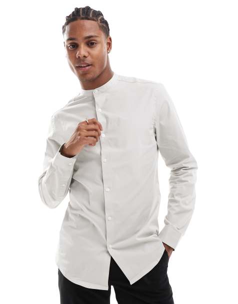 ASOS DESIGN - Chemise ajustée à col grand-père - Gris clair - view 1