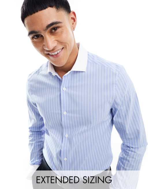 ASOS DESIGN - Chemise ajustée à rayures avec col italien contrastant - Bleu
