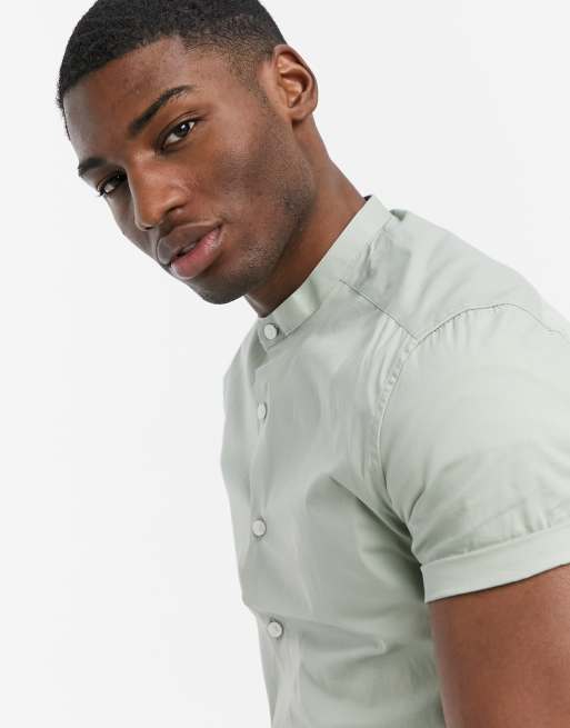 ASOS DESIGN - Chemise ajustée avec col grand-père - Vert sauge