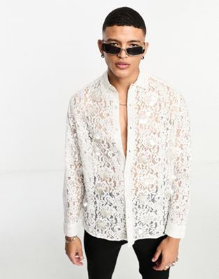 ASOS DESIGN Premium slim shirt in white lace with pearl and sequin embroidery - ASOS Price Checker