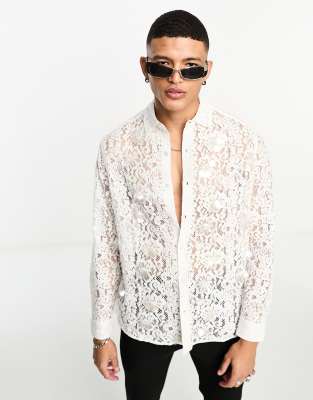 ASOS DESIGN Premium slim shirt in white lace with pearl and sequin embroidery - ASOS Price Checker