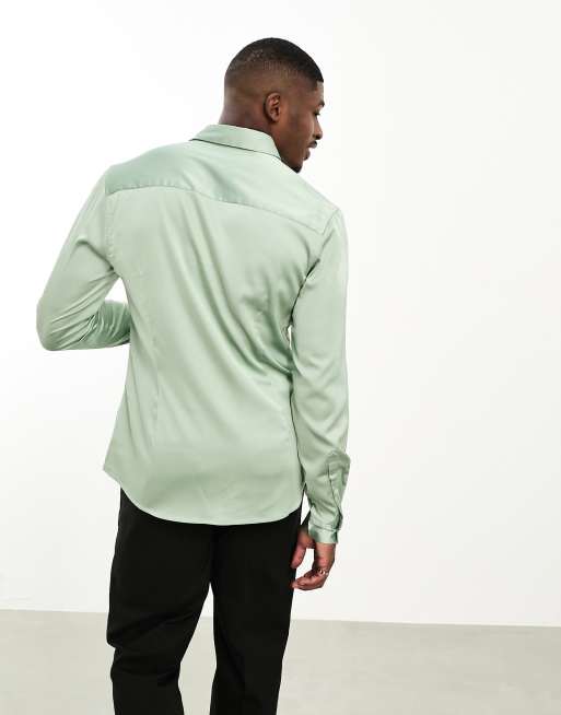 ASOS DESIGN - Chemise ajustée effet satiné - Vert sauge, 3 de 4
