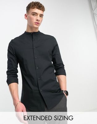 ASOS DESIGN easy iron slim fit poplin shirt with grandad collar in black - ASOS Price Checker