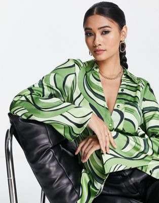 Chemises et blouses Chemise ajustée en satin avec imprimé ondoyant - Vert