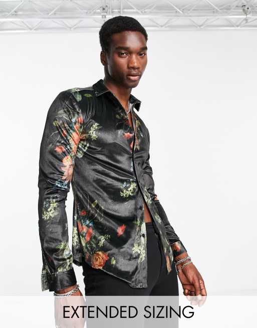 ASOS DESIGN - Chemise ajustée en velours extensible à fleurs - Noir