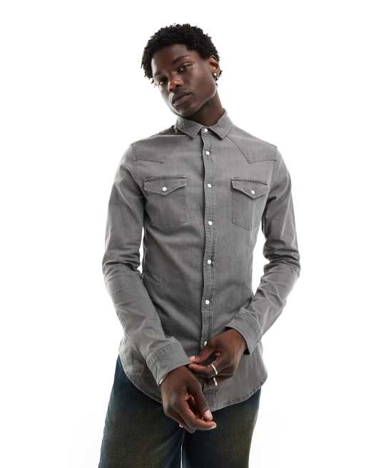 Chemise denim délavé manches longues avec boutons pression Homme