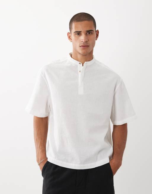 ASOS DESIGN chemise ample oversize en mélange de lin avec col henley en blanc, 4 de 5