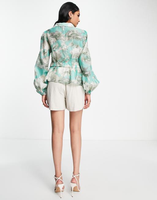 ASOS DESIGN - Chemise boutonnée à imprimé fleuri avec dos ouvert et décolleté plongeant - Vert sauge , 2 de 4